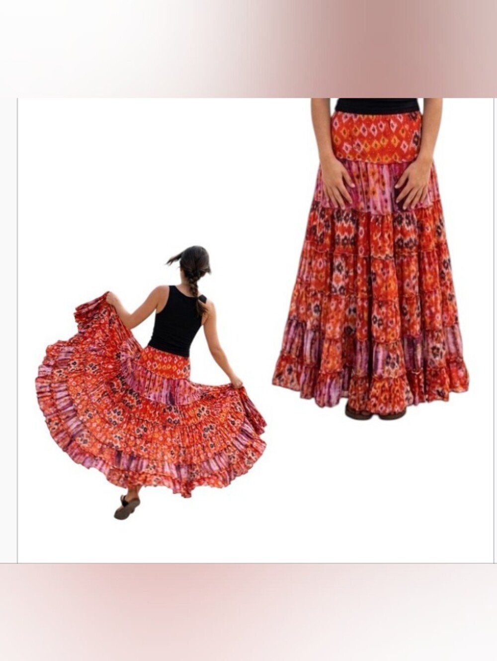 Vintage Boho Ruffle Tiered Maxi Skirt Gypsy Artisy Retro Festival Weekend